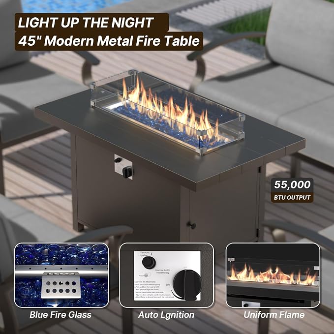 Gotland 8 Seats Outdoor Metal Patio Furniture Set with 55,000 BTU Gas Fire Pit Table w/Glass Wind Guard Patio Conversation Sectional Sofa Sets-Grey