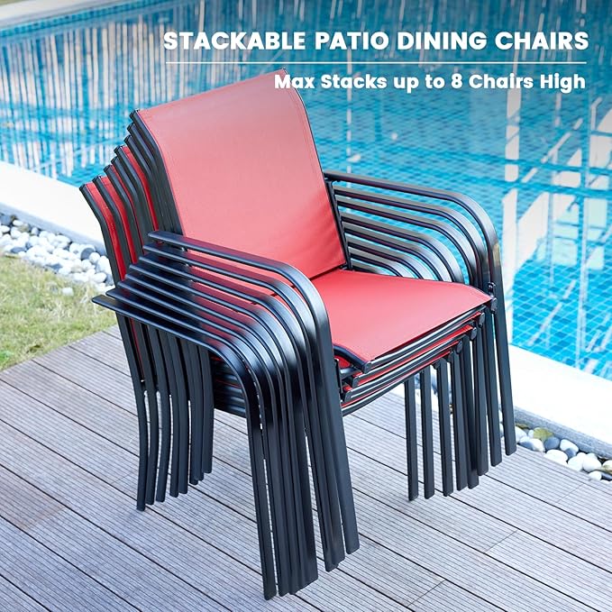 VICLLAX Outdoor Dining Set for 2, Small Patio Table and Chairs Set of Stackable Patio Sling Chairs and Square Dining Table for Front Porch, Red Fabric and Black Table