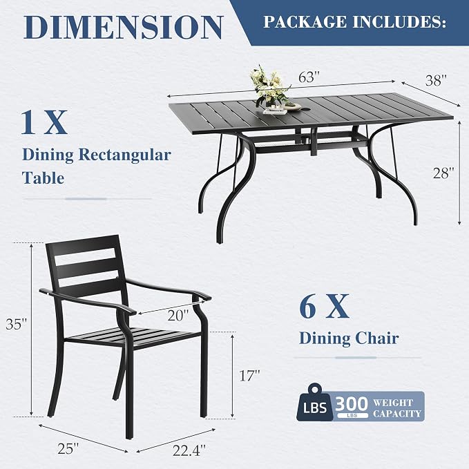 HOMREST 7 Piece Outdoor Patio Dining Set for 6, 63" Rectangular Metal Table with Umbrella Hole and Storage Shelf, Stackable Steel Chairs, Large Patio Furniture Set for Deck/Backyard/Poolside/Garden