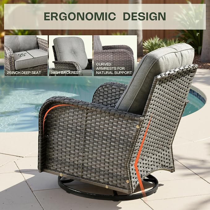3-Piece Patio Furniture Set, Outdoor Wicker Furniture with Coffee Table, High Back Swivel Rocker Patio Chairs, Modern Rattan Outdoor Chairs Conversation Set for Porch, Balcony, Garden, Dark Gray