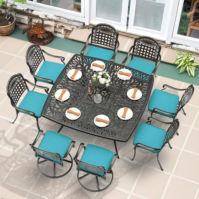 MEETWARM 9-Piece Outdoor Patio Dining Set for 8, All Weather Cast Aluminum Patio Funiture Table and Chairs Set- Large 64" Square Table and 2 Swivel Rocker Chairs, 6 Stationary for Garden, Ocean Blue