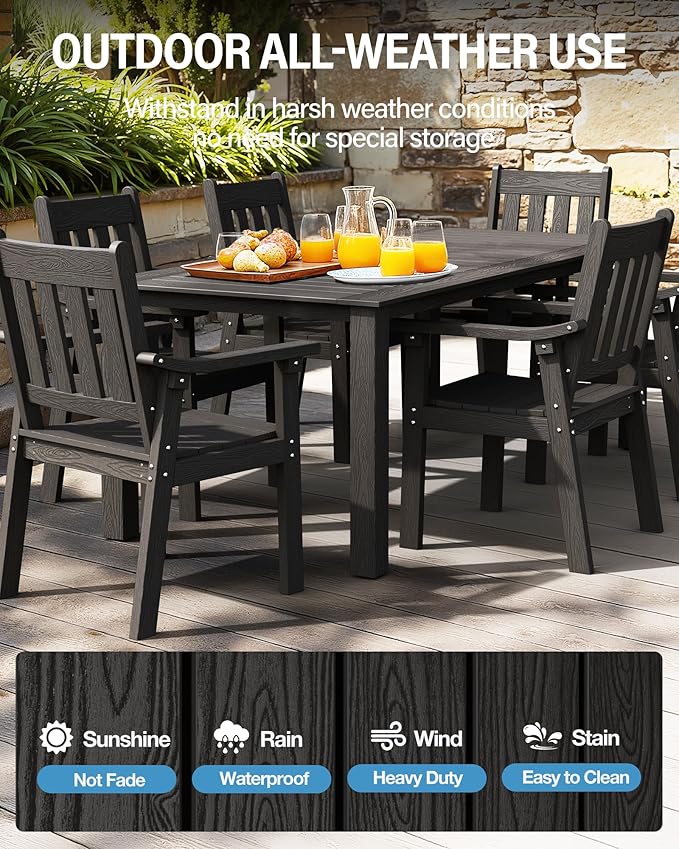 YEFU HIPS Patio Table Set: 7 Piece Outdoor Table and Chairs Patio Furniture Set with Umbrella Hole - Black Modern Plastic Dining Sets 6 Person for Outside Deck with Metal Aluminum Frame