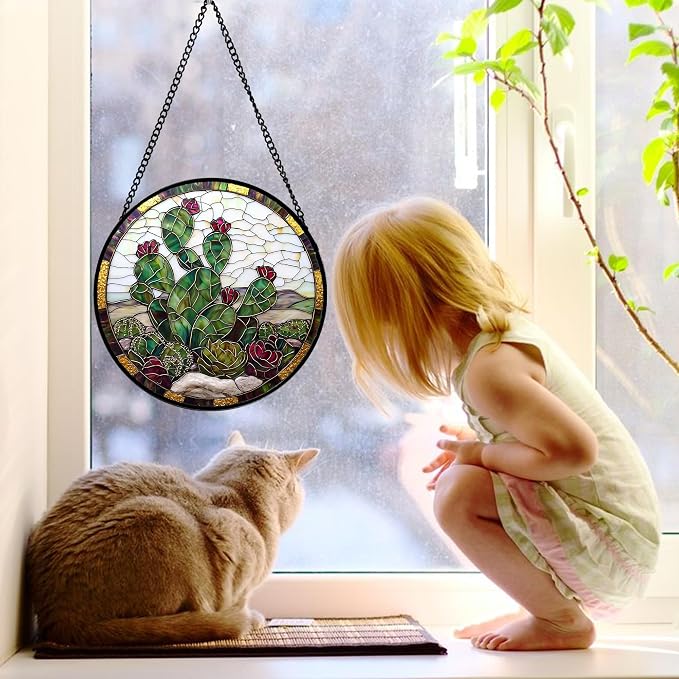DASTOLL Stained Glass Window Hanging,Green Cactus Purple Flowers Suncatcher Diamond Glass Panel Sun Catchers Decor for Birthday for Women, Men, Wife, Aunt, and Mom 9.8 in