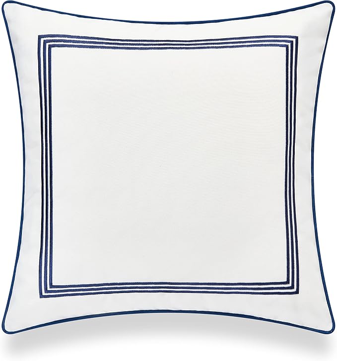Hofdeco Premium Coastal Hampton Style Patio Indoor Outdoor Pillow Cover Only, 20"x20" Water Resistant for Backyard, Couch, Navy Blue Embroidered Square Line