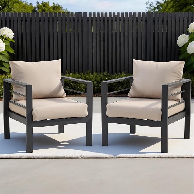 4-Piece All-Weather Metal Patio Furniture Set, Sectional Conversation Sofa w/Coffee Table, Heavy Duty Steel Frame & Washable Cushions for Backyard Garden (Khaki, Armchair)