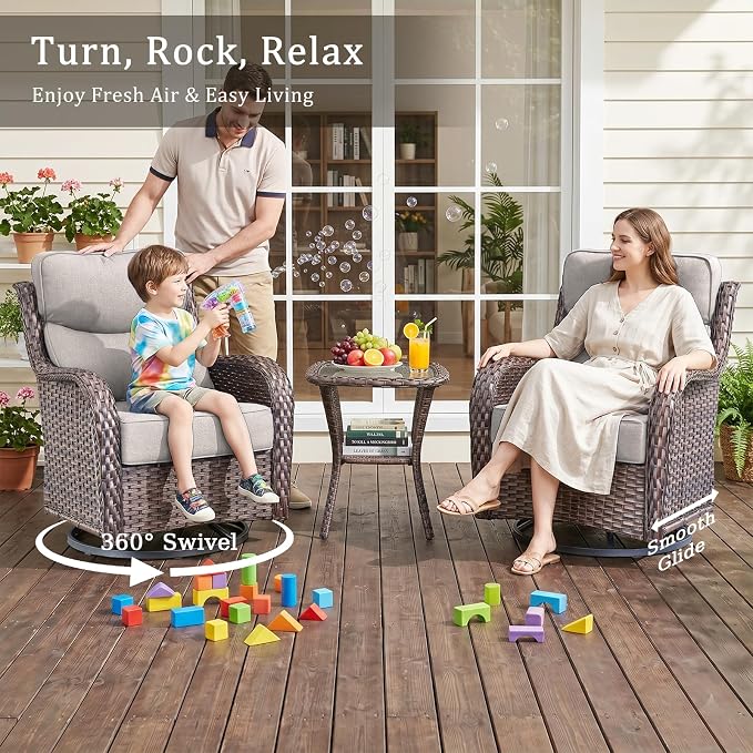 Luxury 6" Thick Cushion 9 Pieces Wicker Patio Furniture Set with 41”Fire Table, Outdoor Conversation Set with Patio Couch and Swivel Rocker Chairs for Deck Porch Yard and Poolside