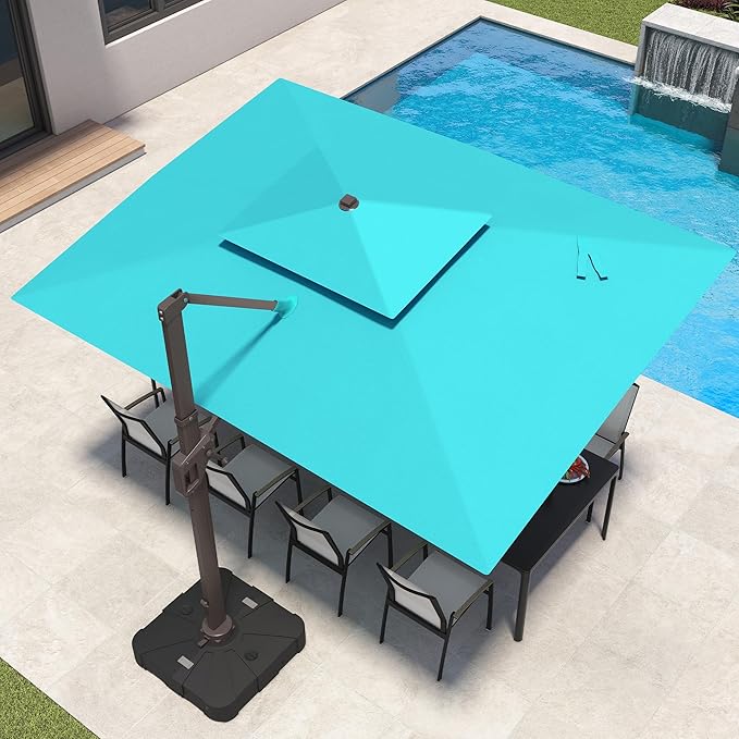 9x12 FT Patio Umbrella with LED Lights Cantilever Outdoor Large Heavy Duty Rectangle Aluminum Offset Umbrellas Double Top 360 Rotation 7 Tilt Adjustment for Pool Deck Garden, Turquoise