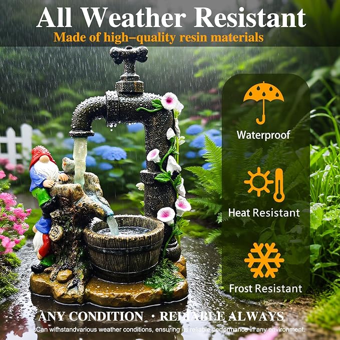 Solar Garden Gnomes Statues Outdoor Yard Decorations, 10" Resin Fountain Gnome Outside Christmas Art Decor for Lawn Patio Porch Backyard,Unique Housewarming Gifts for Women Mom Grandma