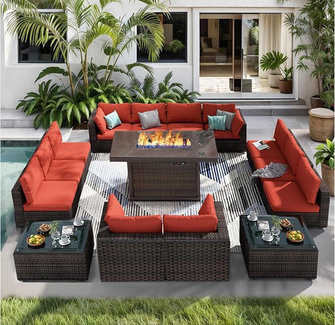 15 Piece Patio Furniture Set with Fire Pit Table, Outdoor Sectional Sofa PE Rattan, Patio Conversation Sets with Cushions for Garden Lawn Balcony Porch Deck Red