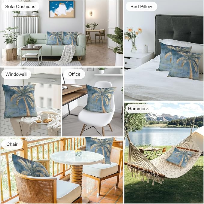 Coastal Beach Tree Blue Brown Outdoor Waterproof Pillow Covers, Vintage Summer Palm Tree Decorative Square Throw Pillowcase, Tropical Botanical Sofa Cushion Sham for Patio/Couch/Chair, 16"x16" 2 Pack