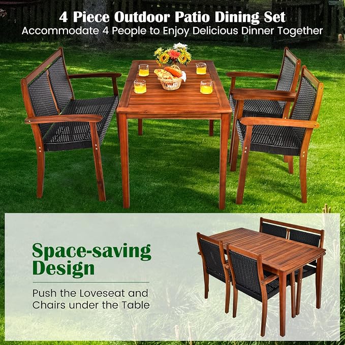 COSTWAY 4 Piece Patio Rattan Dining Furniture Set, Outdoor Acacia Wood Frame Loveseat, Chairs and Table Set with Umbrella Hole for Garden, Backyard, Lawn