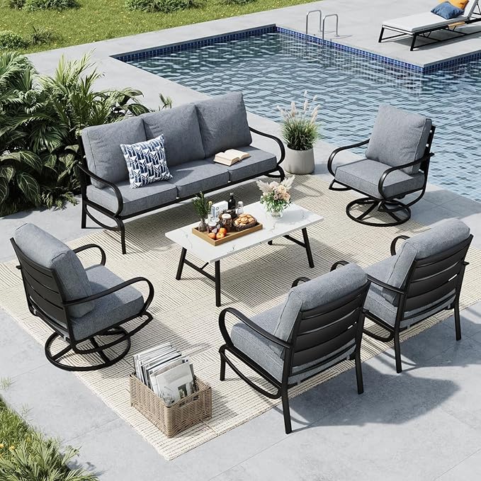 MFSTUDIO 6 Pieces Metal Patio Furniture Sets, 2 Swivel Chairs, 3-Seat Loveseat Sofa, 2 Patio Chairs & 1 Marbling Coffee Table, All Weather 7 Seats Outdoor Conversation Set for Garden Backyard, Grey