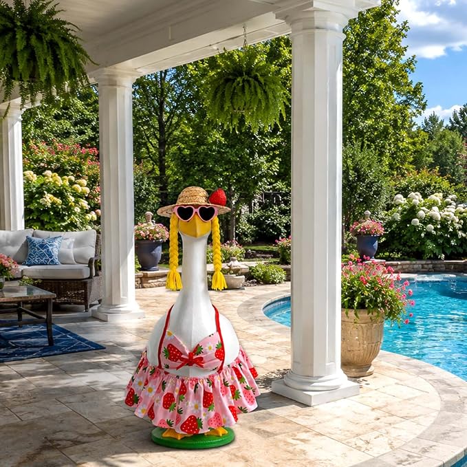 JcHrmers Bikini Goose Outfit Summer Strawberry Porch Goose Outfits Hawaiian Lawn Goose Clothes Fits 23" Cement Plastic Goose Statue for Summer Outdoor Garden Yard Patio Art Decor