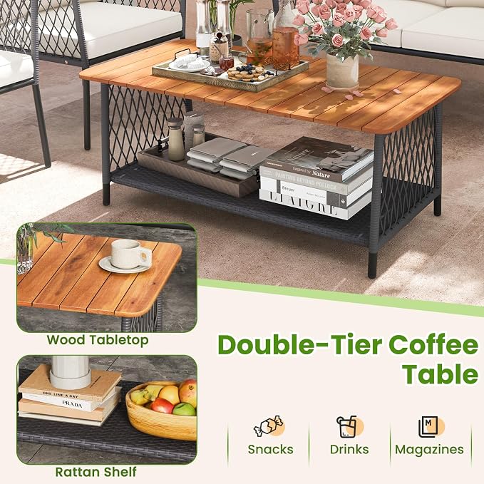 Tangkula 4 Piece Patio Furniture Set, Patiojoy Rattan Chair Set w/ 2-Tier Coffee Table, Acacia Wood Armrests & Tabletop, Soft Seat & Back Cushions, Outdoor Wicker Conversation Set