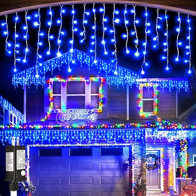 Blue Christmas Lights Outdoor Icicle Lights for Outside House 66ft 640 LED | Twinkle Lights Connectable 8 Modes Timer Plug in Waterproof for Home Holiday Eaves Patio Yard Party Room Xmas Decorations