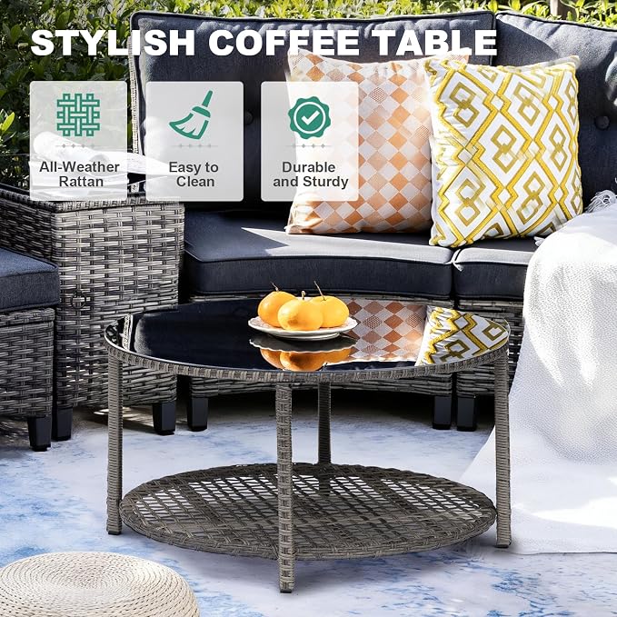 MEISSALIVVE 8-Piece Half-Moon Curved Outdoor Patio Furniture Set, Sectional Conversation Sofa with 2 Half-Moon Ottomans, Coffee & Side Tables for Backyard Deck Garden, Grey