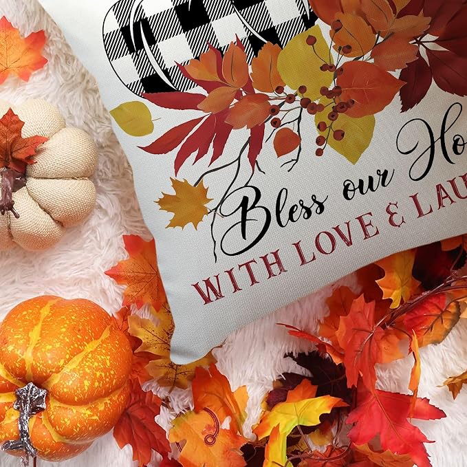 16x16 Outdoor Pillow Covers Buffalo Plaid Fall Decor Set of 4 Pumpkin Farmhouse Harvest Decorations Farm Truck Square Throw Cushion Case for Fall Thanksgiving Home Decorative Pillows Cover