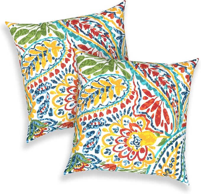 Outdoor 16x16 Inch Throw Pillow Covers Set of 2, All Weather Square Pillow Cases, Covers ONLY, Patio Cushion Pillow of Home Furniture Use, Paisley Multi