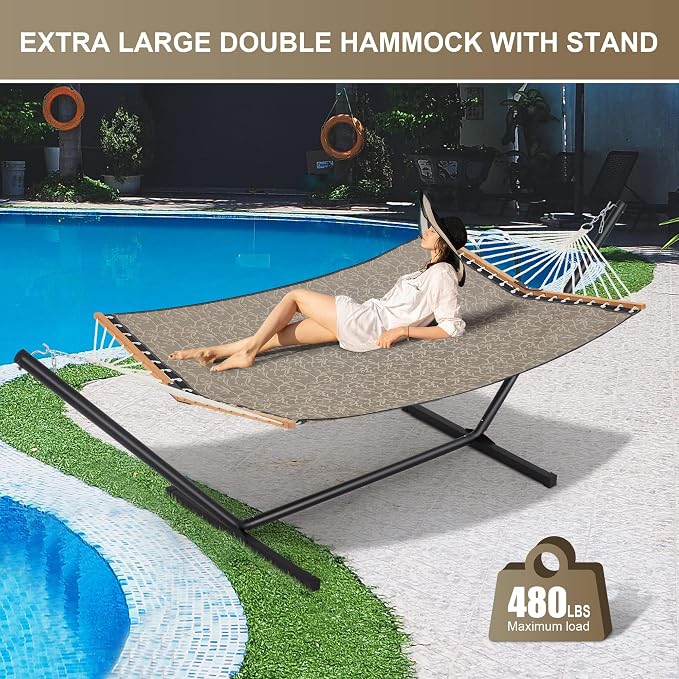 Homgava Two Person Hammock with Stand for Outside Heavy Duty, Outdoor Patio Hammock with Portable Steel Stand, Large Double Hammocks with Quick Dry Textilene Fabric,480lbs Capacity(Mocha)