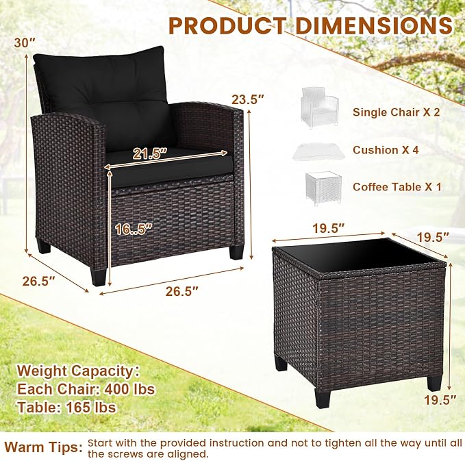 3-Pieces Patio Furniture Set, PE Wicker Chairs Sofa Set with Removable Cushions & Glass Top Side Table, Outdoor Wicker Rattan Conversation Chair for Porch,Backyard, Balcony (Black)