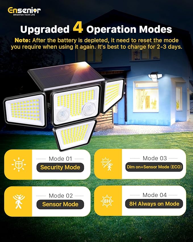 Ensenior Solar Lights Outdoor, Motion Sensor Outdoor Light with Remote Control, IP65 Waterproof 279 LED 4 Heads Solar Security Light with 4 Mode, 270° Wide Angle Solar Flood Light for outdoor, 3 Packs