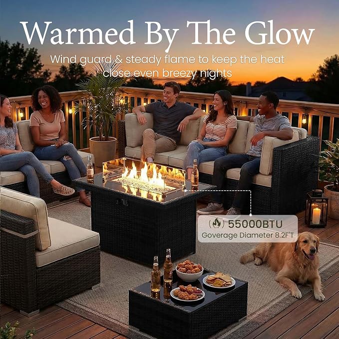 LayinSun 8 Piece Patio Furniture Set with 44" Propane Gas Fire Pit Table, Outdoor Sectional Conversation Set Wicker Rattan Sofa Set with Coffee Table