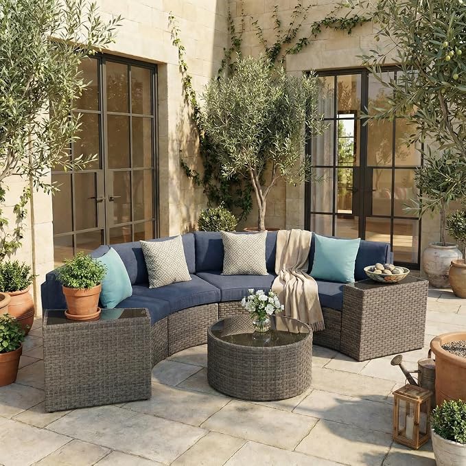 SUNSITT Outdoor 7-Piece Half-Moon Sectional Furniture Set with Round Coffee Table, Patio Curved Sofa Set, Denim Blue Cushion and Grey Wicker, Incl. Waterproof Cover