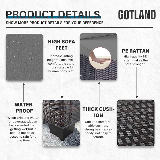 Gotland 7 Pieces Patio Furniture Set with 4’’ Thick Cushions, All-Weather PE Rattan Patio Set with 29.5'' High Backrest, Outdoor Furniture with Coffee Table for Porch Deck Garden Grey