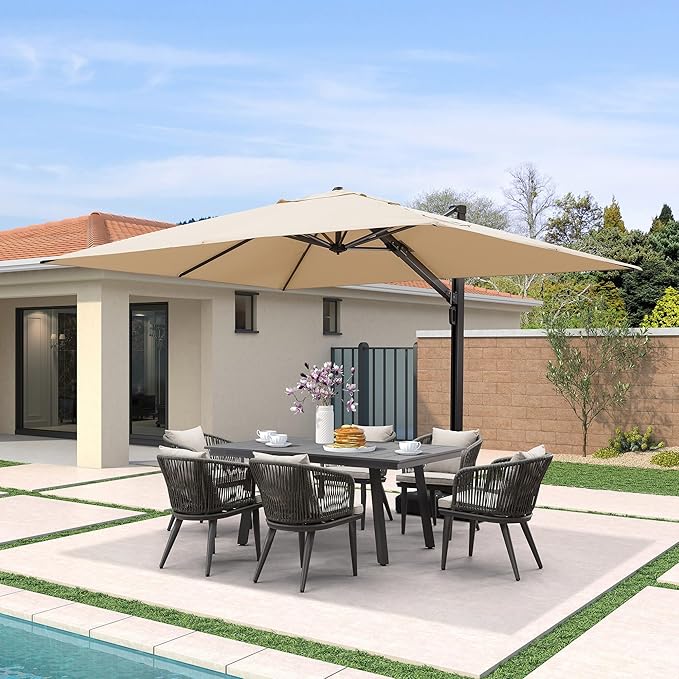 PURPLE LEAF 9' X 12' Rectangle Patio Umbrella with Base Large Cantilever Outdoor Umbrella Offset Umbrella with 360-degree Rotation Garden for Deck Backyard Pool Beige