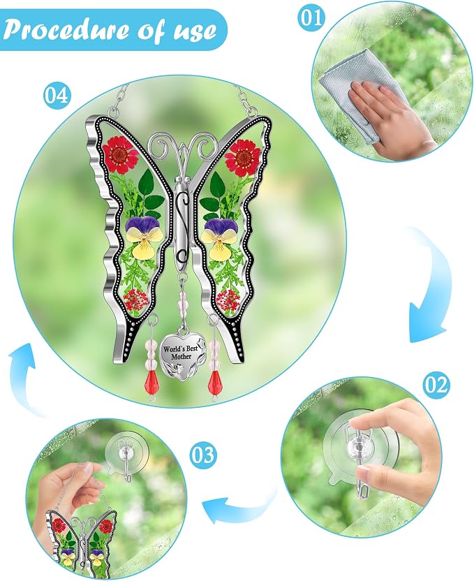 KY&BOSAM Gifts for Mom Suncatcher Butterfly Mom Gift Mothers Day World`s Best Mother Stained Glass Sun Catcher Hanging Wind Chime Ornament for Window Gift for Women Mother`s Day Valentine`s Birthday