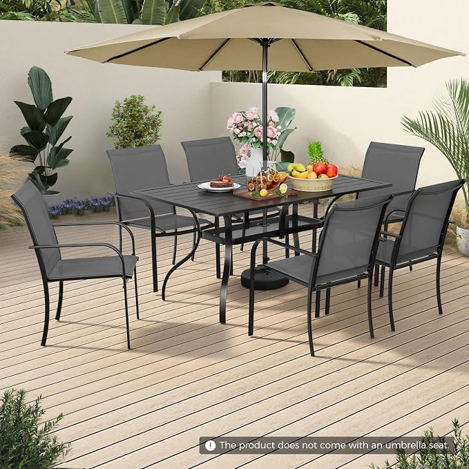 7-Piece Patio Dining Set with Umbrella,6 Person Outdoor Table and Chairs Set, 6 Metal Dining Chairs and Rectangular Outdoor Table with 1.57" Umbrella Hole,Grey