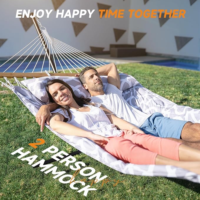 Everyfun 2 Person Hammock with Stand, Heavy Duty Double Cotton Rope Hammock with Removable Quilted Pad & Pillow, 500 LBS Adjustable Steel Frame, Tool-Free, Carry Bag for Outside Patio Yard, White-Gray