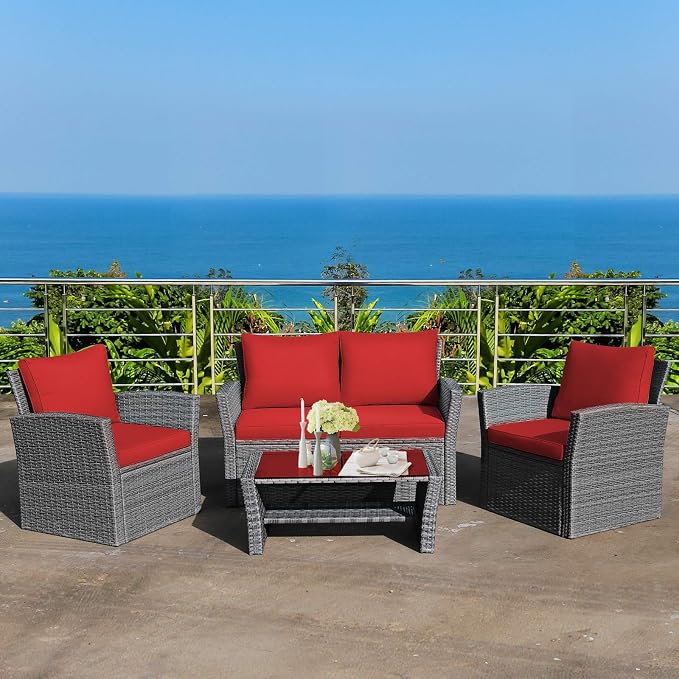 COSTWAY 4 Pieces Patio Rattan Furniture Set, Outdoor Wicker Sofa Set with Tempered Glass Coffee Table, Cushions, All Weather Rattan Conversation Set for Yard Balcony Backyard Pool (Red)