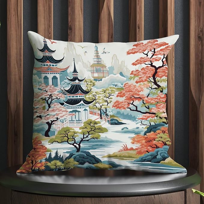 Chinoiserie Pagoda White Coral Blue Throw Pillow Covers Chinoiserie Chic Asian Pillowcase 26x26 INRetro Accent Throw Pillow Covers Farmhouse Decorative for Patio Couch Sofa