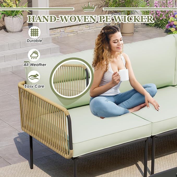 5 Piece Outdoor Patio L-Shaped Conversation Set, Patio Furniture Set with Cushions and Table, All-Weather Rattan Woven Sectional Sofa for Backyard, Porch, Boho Detachable Lounger (Green)