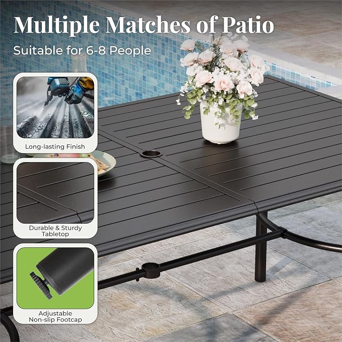 MIXPATIO 7-Piece Outdoor Dining Set 6 Brown Textilene Chairs and Steel Rectangle Table with 1.97” Umbrella Hole for Deck Garden Backyard Lawn Poolside