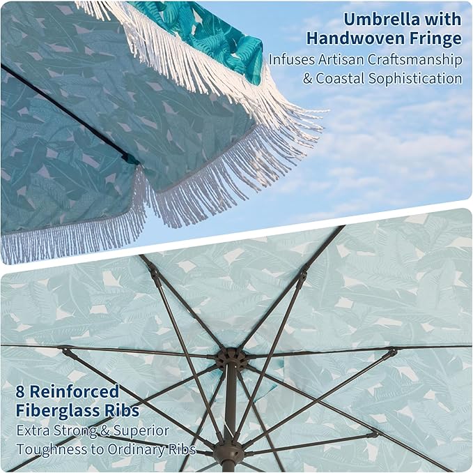 PeakPursuit 9 ft Patio Umbrella with Fringe, Tassel Outdoor Beach Umbrella for Sand with Push Button Tilt, 8 Fiberglass Ribs, UV 50+ Sun Protection for Garden, Pool, Backyard, Deck