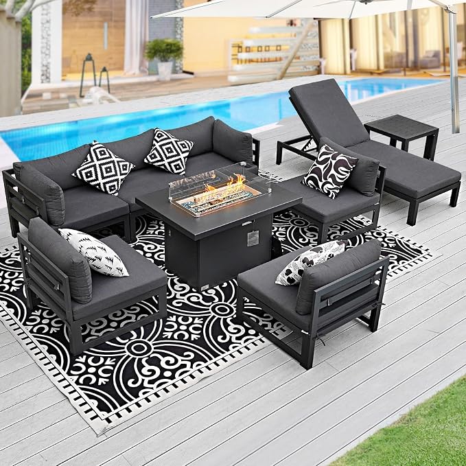 BULEXYARD 9 Piece Luxury Aluminum Outdoor Sectional Sofa with Chaise Lounge & Firepit, Large Modular Patio Furniture Set, 29" Deep Wide Seating, 500 lbs Heavy Duty Conversation Set for Deck, Dark Gray
