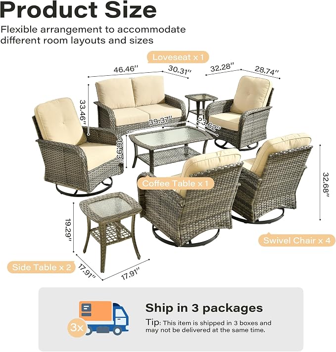 8 Pieces Patio Conversation Sets,Patio Furniture Set with Swivel Rocking Chairs,Coffee Table, Side Table, All Weather Rattan Wicker Outdoor Sectional Furniture Set for Porch Balcony Backyard Beige