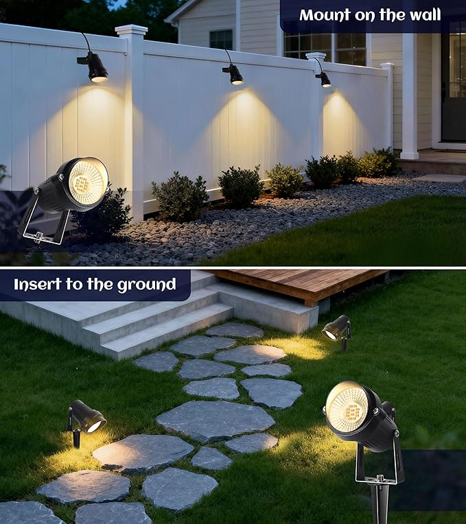 12W Landscape Lighting, IP66 Waterproof Spotlight with 6.6Ft Cable + Plug+ Switch, 3000K LED Landscape Lights for Yard Garden Tree House Halloween Christmas, 1400LM Landscape Warm White Light, 2 Pack