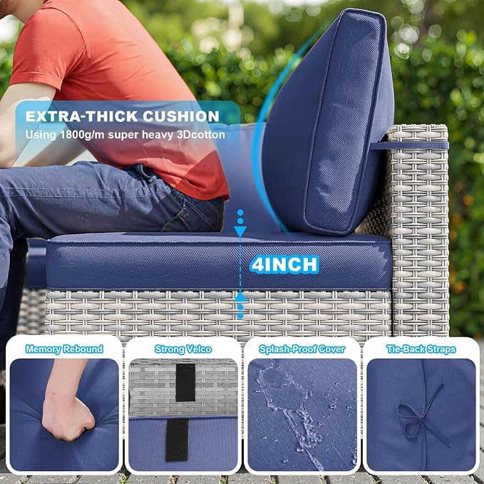17-Piece Patio Furniture Set, Outdoor Patio Furniture with Swivel Chairs Set, Thick Cushions, Modular Patio Sofa, Dual-Strand Wicker Rattan, Rust-Resistant Frame, Deep Blue