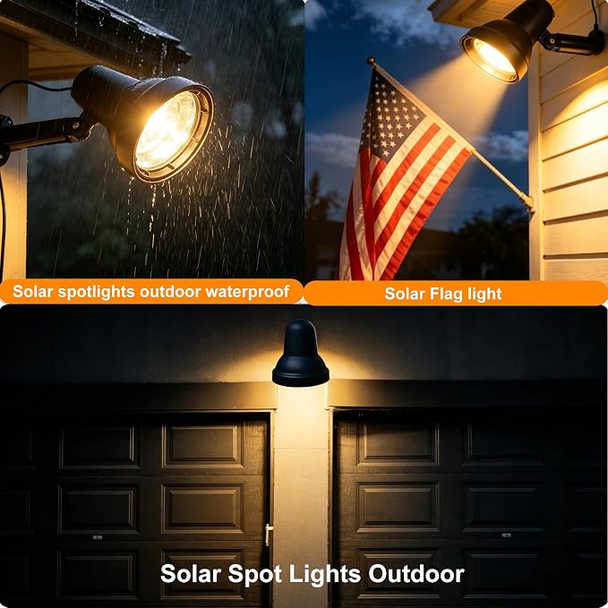 SUNLONG Solar Powered Spot Lights Outdoor Waterproof 2 in 1 Bright Solar SpotLights Power Adjustable for Flag Yard Flagpole Landscape Dusk to Dawn 2 x Spots Warm White