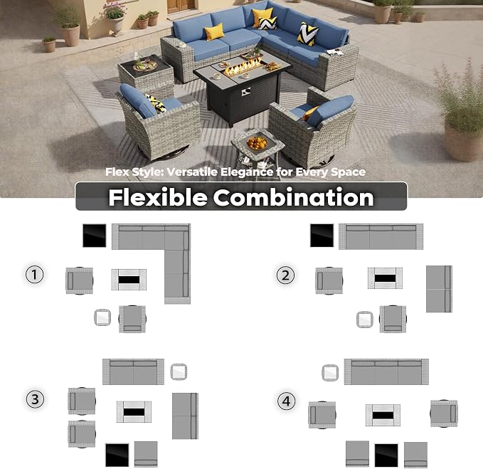 ovios 10 Pieces Patio Furniture Set, Outdoor Wicker Sectional Sofa with 42" Fire Pit Table Swivel Chairs, Modern Modular Deep Seat Rattan Couch Conversation Sets, Denim Blue