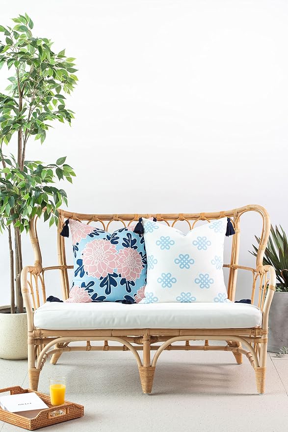 Hofdeco Premium Coastal Patio Indoor Outdoor Lumbar Pillow Cover ONLY for Backyard, Couch, Sofa, Baby Blue Greek Key Knot Tassel, 18"x18"