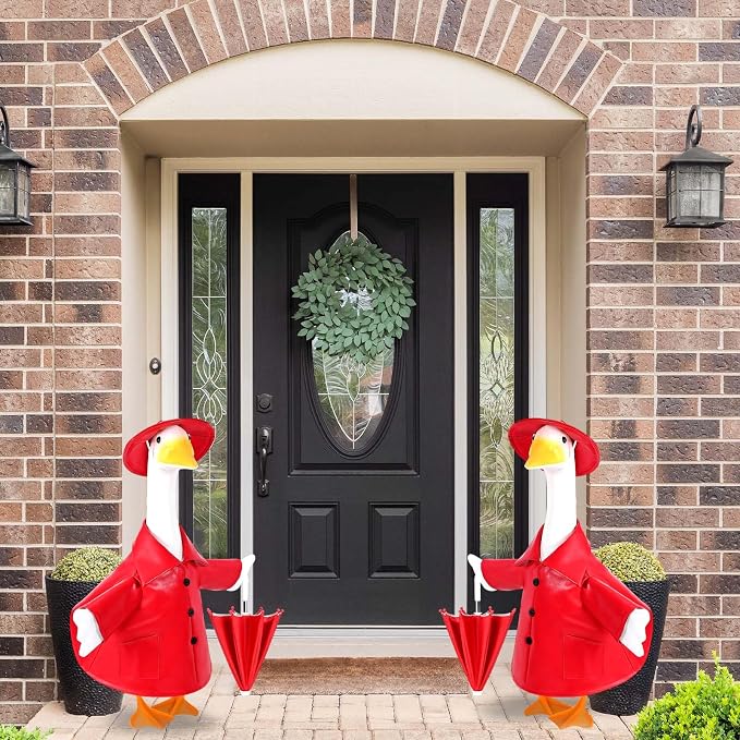 Raincoat Goose Outfit Porch Goose Summer Outfit Yard Goose Raincoat Clothes with Umbrella Hat Fits 23" Outdoor Garden Lawn Patio Geese Statue for Spring Summer Seasonal Decor(Red)