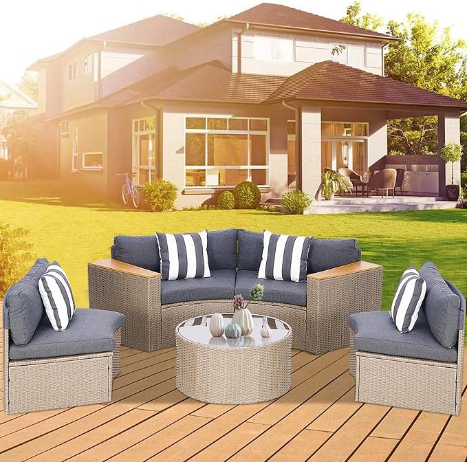 Incbruce Outdoor Half Moon Patio Furniture 5-Piece Curved Outdoor Sofa, All-Weather Outdoor Sectional Furniture Patio Conversation Sets with Round Tempered Glass Top Table (Grey Cushions)