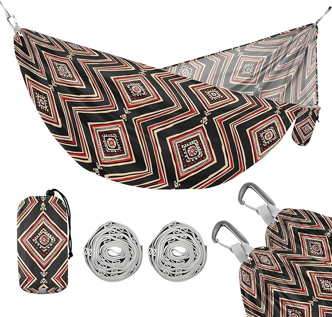 Camping Hammock Outdoor Hammocks for Outside Black Red Geometric Beach Trees Portable Lightweight with Pockets Tree Straps Indoor