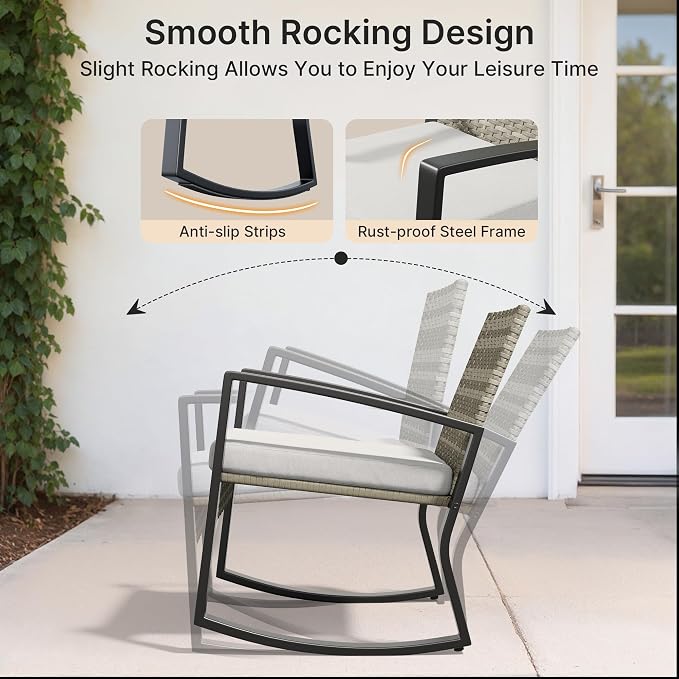 Ahomly 4 Piece Patio Furniture Set, Outdoor Wicker Patio Furniture with Glass Coffee Table, Rocking Patio Wicker Bistro Set, for Porch, Garden, Lawn (Light Grey)