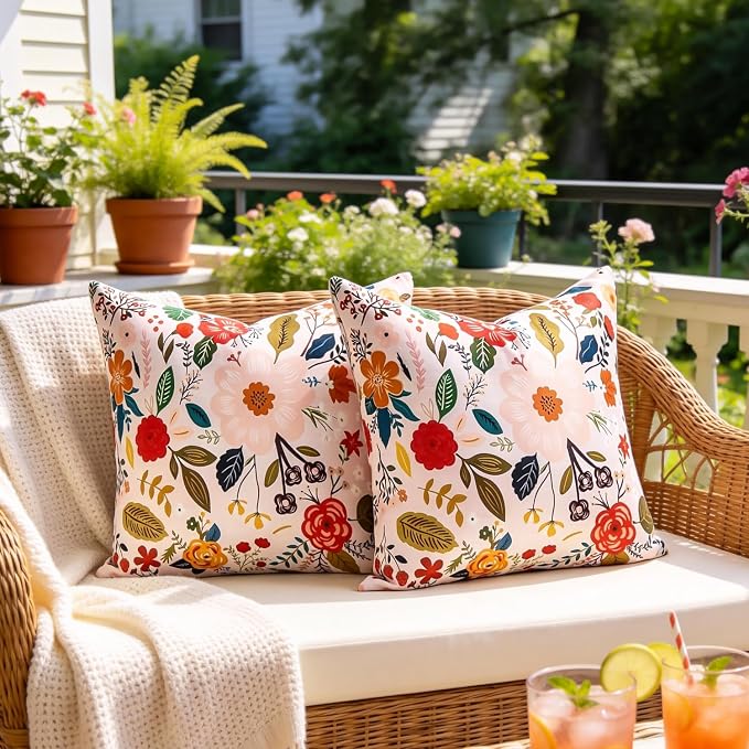 Waterproof Floral Throw Pillow Covers Outdoor Pink Decorative Summer Pillow Covers Accent Square Couch Covers Garden Farmhouse Cushion Cases 16x16 Inch Set of 2 for Patio Tent Balcony Furniture Sofa