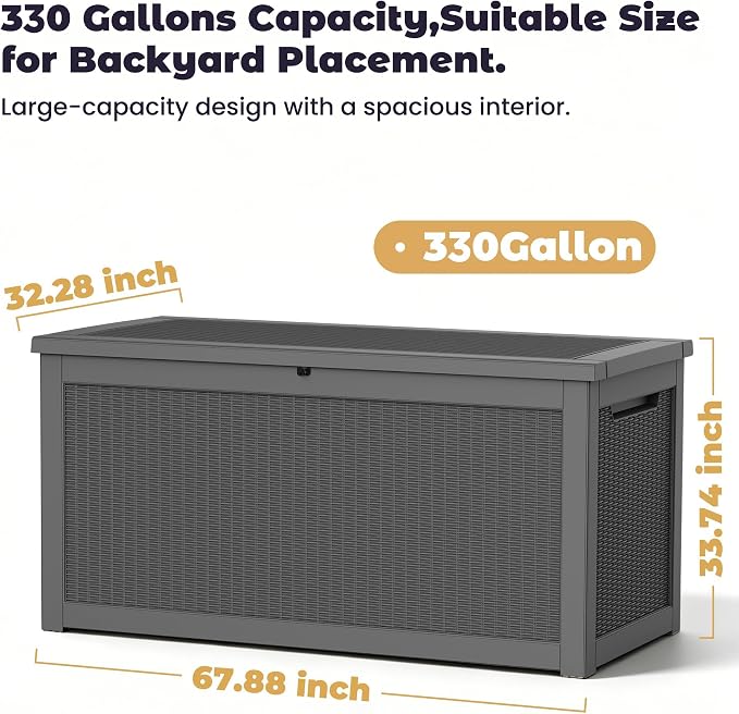 PatioZen 330 Gallon Outdoor Storage Box, Heavy Duty Resin Large Deck Box Organization for Garden Tools & Pool Accessories, Hydraulic Lift, All-Season UV-Resistant, Black